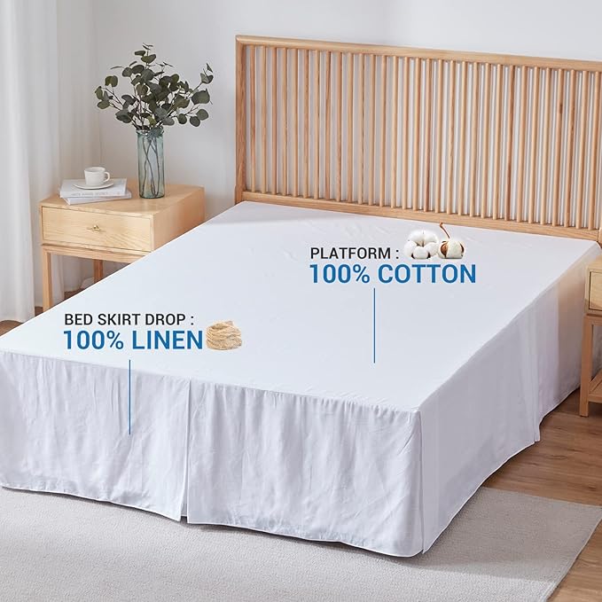 Simple&Opulence Belgian Linen Bed Skirt with Classic 22 inch Tailored Drop Dust Ruffle, Easy Fit Breathable Premium Natural Flax - Basic White, King