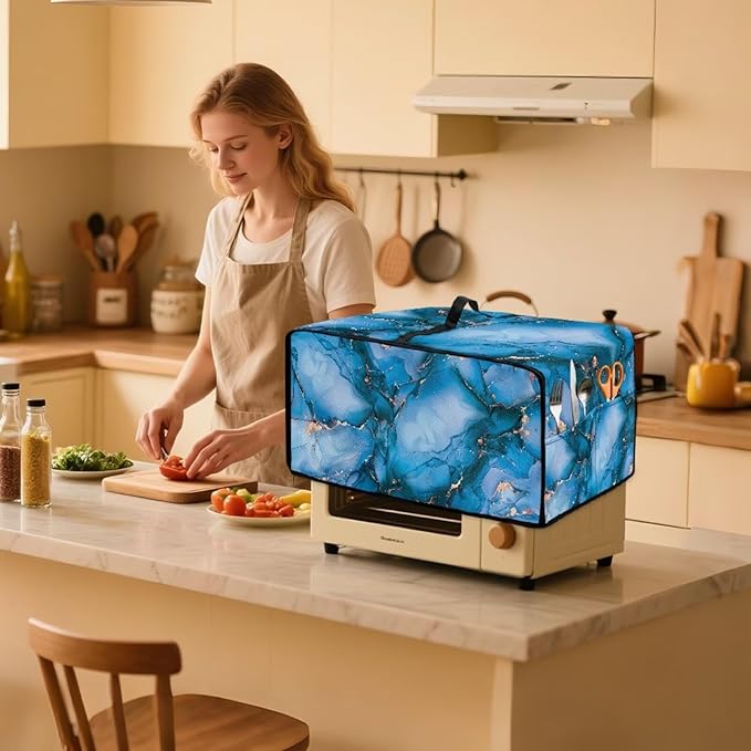 Toaster Oven Dust Cover with Storage Pockets, Dust Protection Smart Oven Cover for Kitchen Countertop Home Decor, L, 18.5 x 22.5 x 13 Inches, Blue Gold Marble