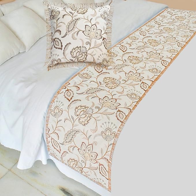 The HomeCentric King/Queen/Twin Beige Decorative Bed Runner Queen 74"x18" Bed Runner with Two Pillow Cover, Floral, Pearl, Jute Lace, Embroidery Bed Scarf on Cotton Fabric - Floral Luster
