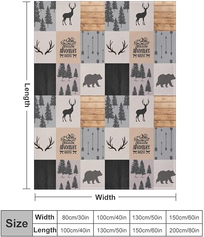 Rustic Cabin Throw Blanket, Retro Camping Bear Deer Farmhouse Wildlife Tree Forest Brown Gray Print Warm Flannel Blanket for Bedroom Camping Travel, 60"x80"