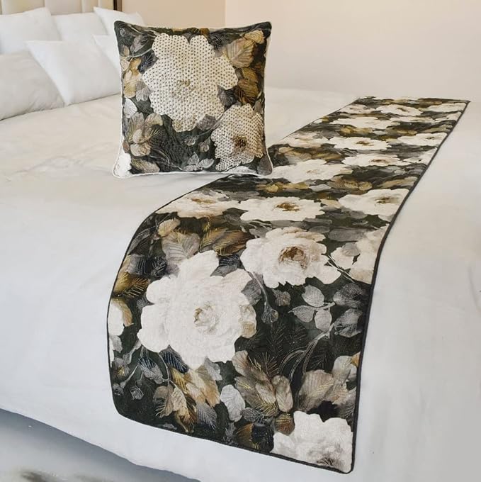 The HomeCentric King/Queen/Twin Gray & Brown Designer Queen 74"x18" Bed Runner Without Pillow Cover, Rose, Floral & Bead Embroidery Bed Scarf on Cotton Fabric - Rada