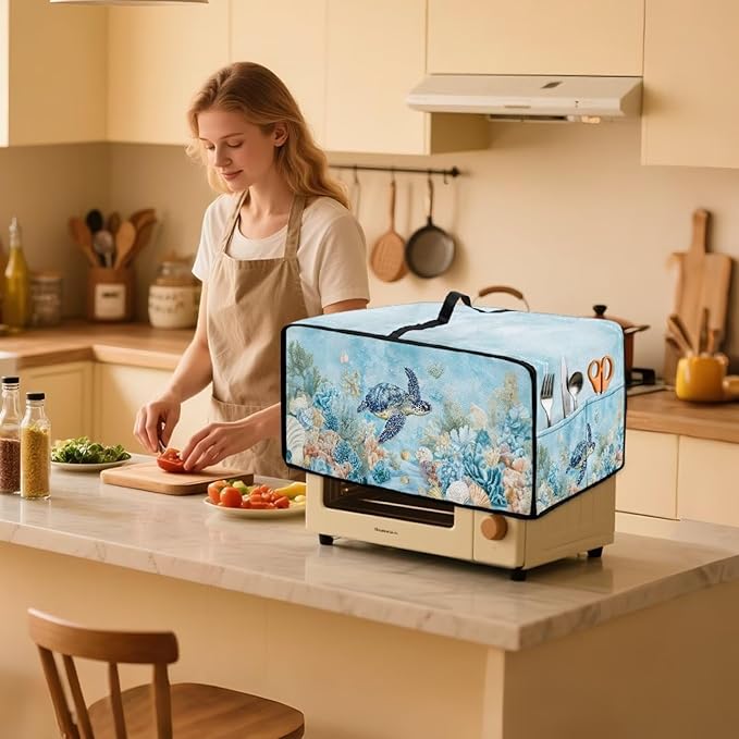 Air Fryer Toaster Oven Cover with Pockets, Dustproof Electrical Appliance Cover for Kitchen Countertop, S, 14.5 x 18.5 x 9 Inches, Sea Turtle Seashell Coral Reef Blue