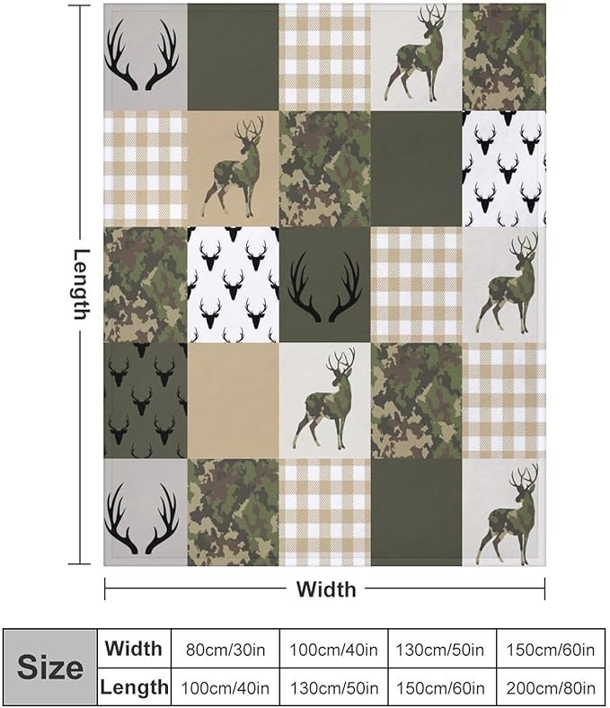 Camouflage Deer Blanket, Vintage Camo Green Beige Plaid Rustic Cabin Wildlife Hunting Blankets for Mens Room Bed Sofa, 50"x60"