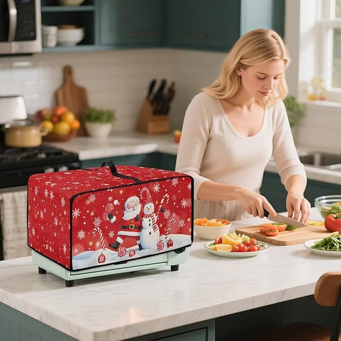 Christmas Toaster Oven Dust Cover Dustproof Smart Oven Air Fryer Microwave Cover with Side Pockets, Electric Appliance Protector for Kitchen, M, Santa Claus Snowman Candy Cane Red