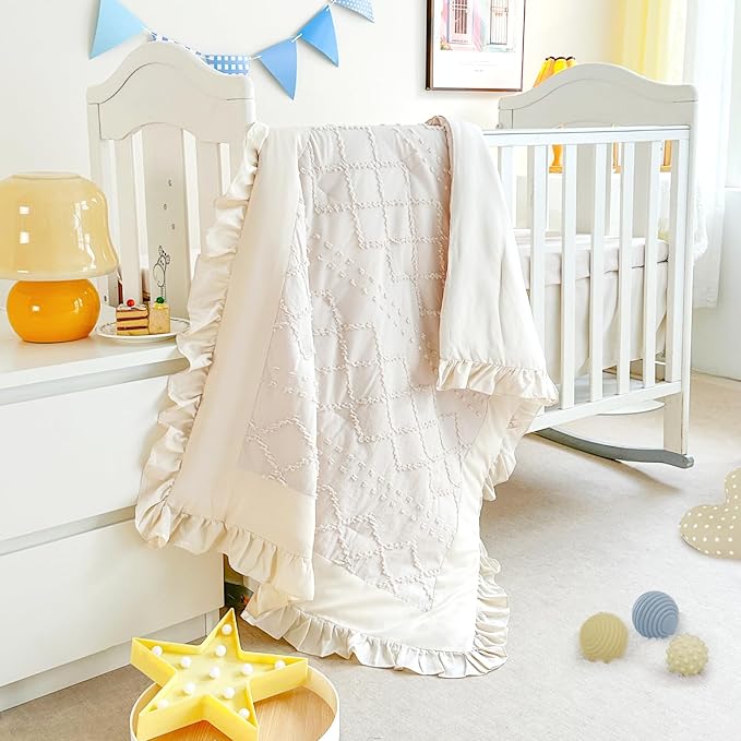 Wowelife Crib Bedding Set for Girls, 3 Pieces Baby Crib Bedding Set Newborn, Mini Tufted Jacquard Ruffle Fringe Boho, Infant & Nursery with Comforter, Crib Fitted Sheet and Crib Skirt, Beige