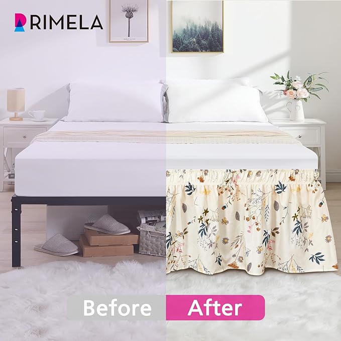RIMELA Cream Balloon Bed Skirt Queen Size 15 Inch Drop, Elastic Bed Skirting for Bed Frame, Bedding Dust Ruffle Easy to Install, Lightweight Wrap Around Adjustable Bedskirt,Bedroom Decor