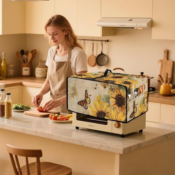 Microwave Oven Dust Cover Dust-Proof Sturdy Microwave Oven Cloth Cover Waterproof Kitchen Appliance Protector Suitable for Most Microwave Ovens, Vintage Sunflower Butterfly Letter Print, L