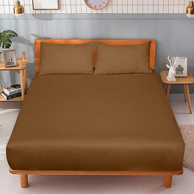 ROYALE LINENS 300 Thread Count 100% Long Staple Combed Cotton Fitted Sheet Queen - Super Soft Deep Pocket Bottom Sheet - Fitted Sheets Only - Elastic Sheets (Queen, Chocolate)