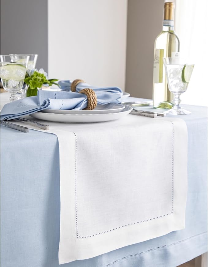 Solino Home Linen White Table Runner 72 Inches Long - 100% Pure Linen Hemstitch Table Runner 14 x 72 Inch for Dresser, Dining, Holiday, Christmas, New Year - Classic Hemstitch