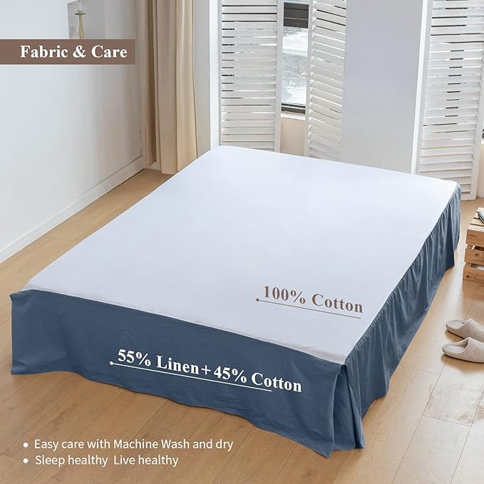 BISELINA French Linen Bed Skirt with Pleated Corner 22-Inch Tailored Drop Natural Flax Cotton Blend Basic Dust Ruffle Soft Cozy Farmhouse Bedding (22" King, Basic Navy Blue)