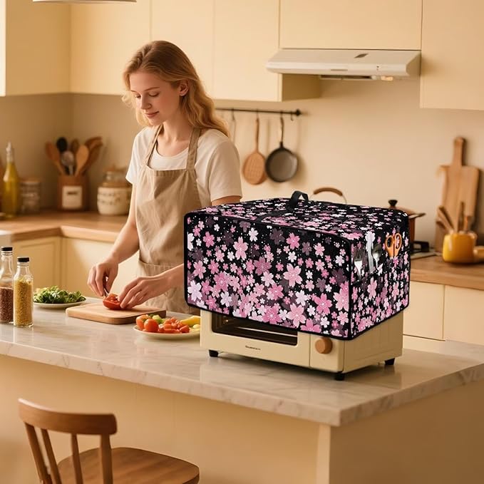 Waterproof Toaster Oven Cover Cherry Blossom Print Dust-Proof Microwave Oven Grill Cover Protector with Top Handle Easy to Clean Decor Accessories for Kitchen, L