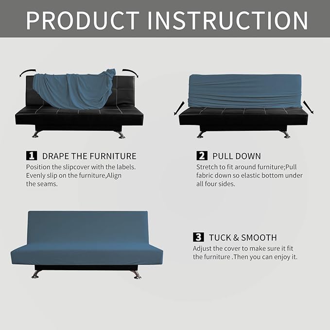 Easy-Going Stretch Futon Slipcover Armless Futon Bed Cover Furniture Protector Without Armrests with Elastic Bottom for Kids, Soft Jacquard Fabric Small Checks (Large, Bluestone)