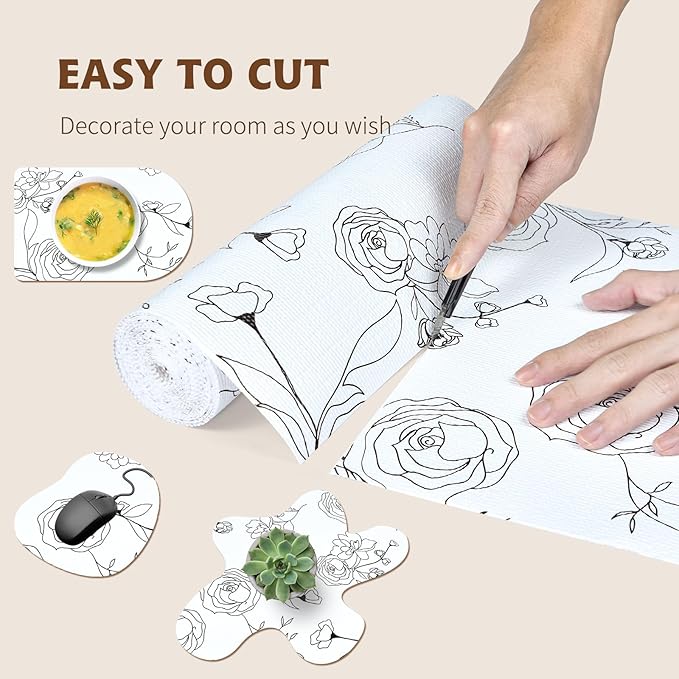 Shelf Liners for Kitchen Cabinets 17in x 20FT Non Adhesive Drawer Liner Black and White Floral Thickened Shelf Liner Paper Strong Non-Slip Easy to Clean for Tool Box with Knife and Tape Measure