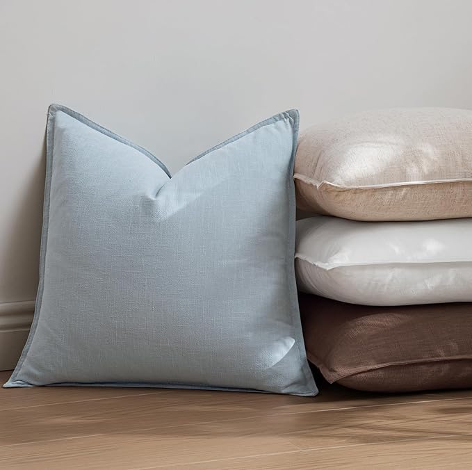 EMEMA Throw Pillow Covers Decorative Linen Pillow Covers 18x18 Inch Light Blue Boho Farmhouse Neutral Couch Throw Pillows for Bed Pack of 2 Accent Pillowcase Modern Sofa Cushion Livingroom Home