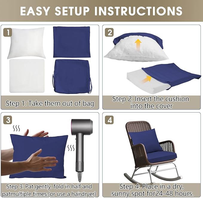 Outdoor Seat Cushion Set 22 x 22 In, Water-Resistant & Fade-Resistan, Patio Furniture Cushions with Removable Cover Deep Seat & Back Cushion with Handle and Adjustable Straps for Chair Sofa,4PC
