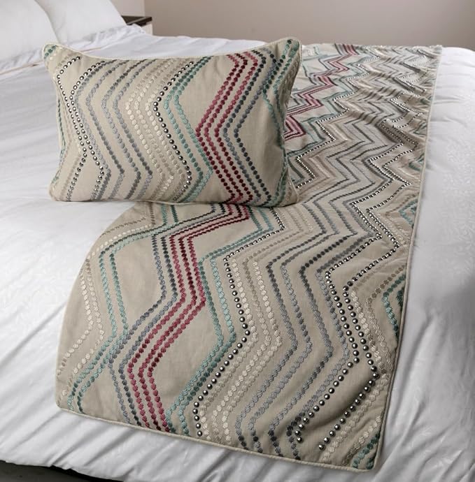 The HomeCentric King Queen Twin Beige Linen Bed Runner Without Pillow Cover, Full Size 68"x18" Bed Runner Without Pillow Cover, Linen with Embroidery, Chevron Modern Pattern - Dotty Chevron