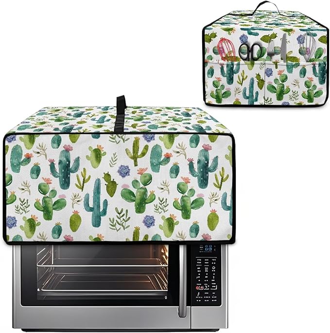 Watercolor Cactus Floral Print Toaster Oven Cover Waterproof Polyester-Linen Fabric Microwave Oven Dust Cover Foldable Kitchen Appliance Protector Dirt and Fingerprint Protection, M