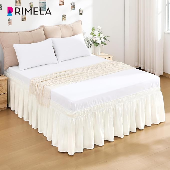 RIMELA Cream White Bed Skirt Queen Size 18 Inch Drop, Wrap Around Elastic Bedskirt, Dust Ruffle for Adjustable Bed Base Machine Washable Easy to Install Bed Skirts