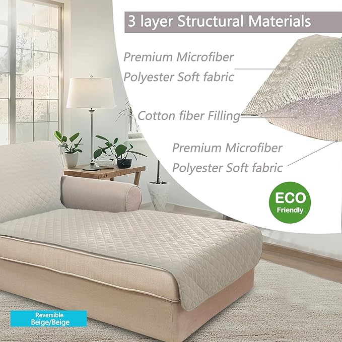U-NICE HOME Sectional Couch Cover for Dogs Chaise Lounge Reversible Sofa Cover Furniture Protector Cover for Pets with Elastic Adjustable Strap (Chaise Lounge, Beige/Beige)