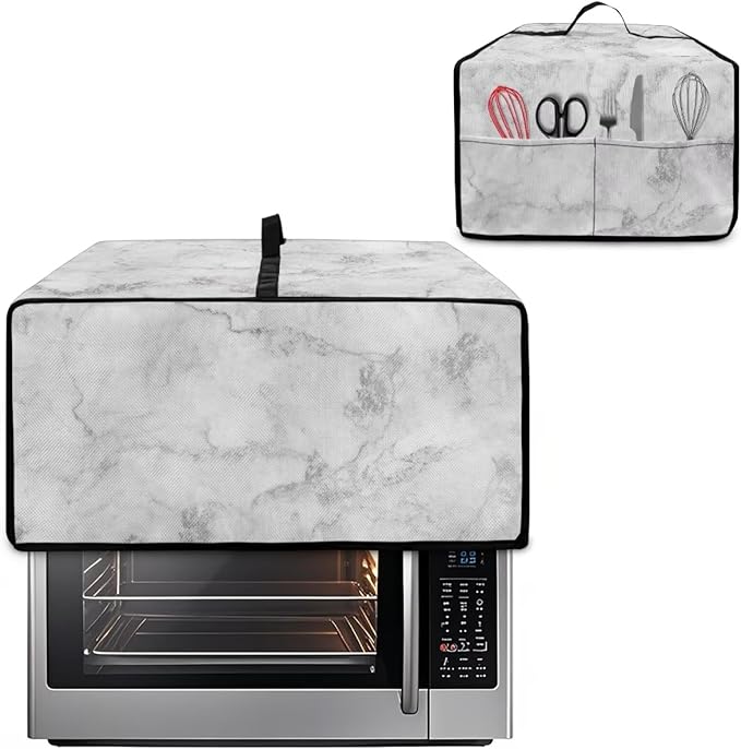 White Marble Texture Print Microwave Oven Dust Cover Polyester-Linen Fabric Dust Cover for Microwave Oven Universal Dust-Proof Kitchen Appliance Protector Fits Most Microwaves, L