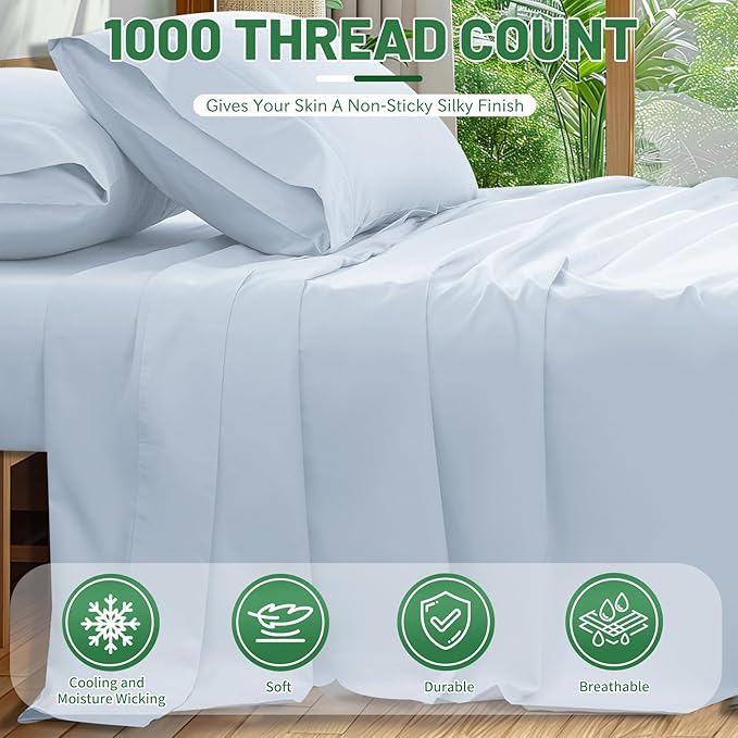 100% Egyptian Cotton Sheets Cal King Sheet Set 4PCS 1000 Thread Count Sateen Weave Soft Breathable 16-Inch Deep Pocket（California King,Light Blue）