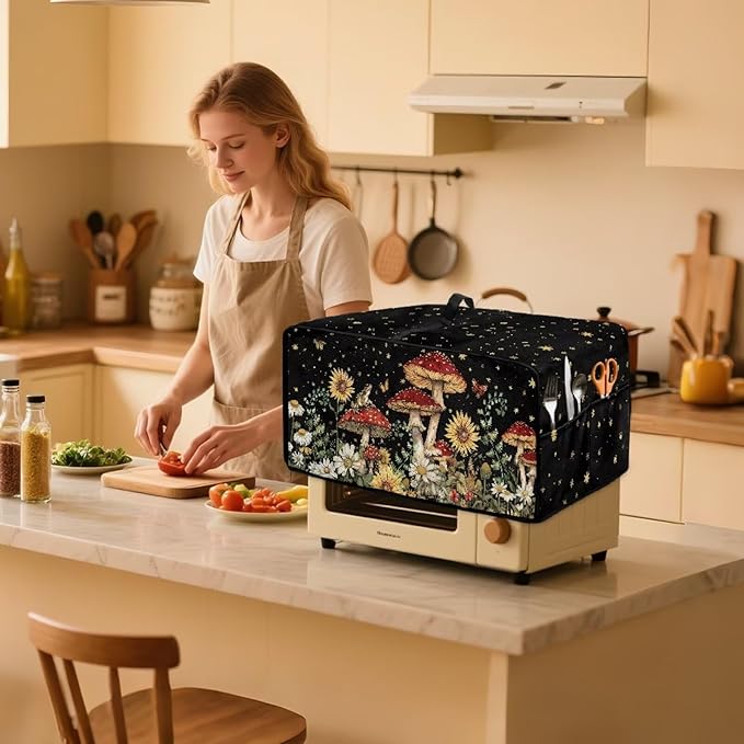 Microwave Oven Dust Cover Waterproof Toaster Oven Cover Foldable Polyester-Linen Small Appliance Dust Covers Suitable with Storage Bags, Mushroom Sunflower Daisy Star Butterfly Print, L