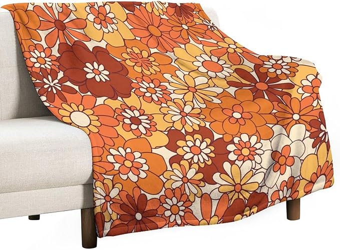 Vintage 70s Throw Blanket, Boho Hippie Bright Orange Flowers Groovy Abstract Funny Art Print Blanket for Couch Sofa Bed 50"x60"