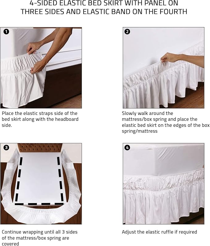 MEILA Wrap Around Bed Skirt Three Fabric Sides Elastic Dust Ruffled 14 Inch Tailored Drop,Easy to Install Fade Resistant-White, Twin/Full