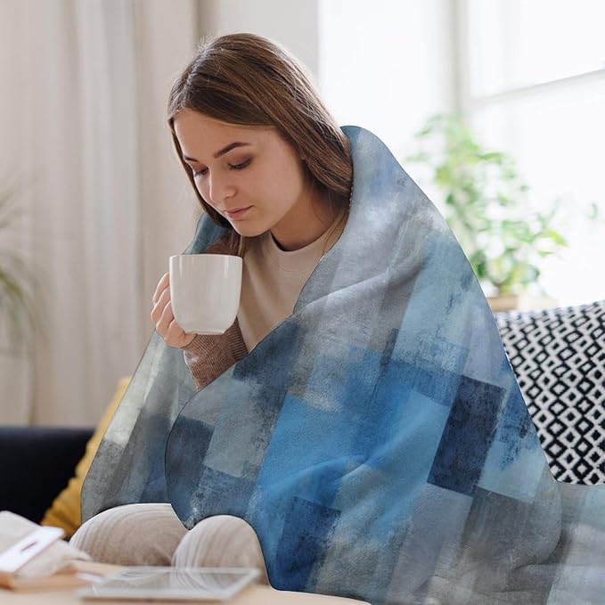 Fashion Gradient Blanket, Modern Art Abstract Blue Grey Check Painting Strokes Pattern Soft Warm Cozy Plush Flannel Covers for Livingroom Bedroom Couch Chair Camping Travel Home Decor Tapestry 30x40in