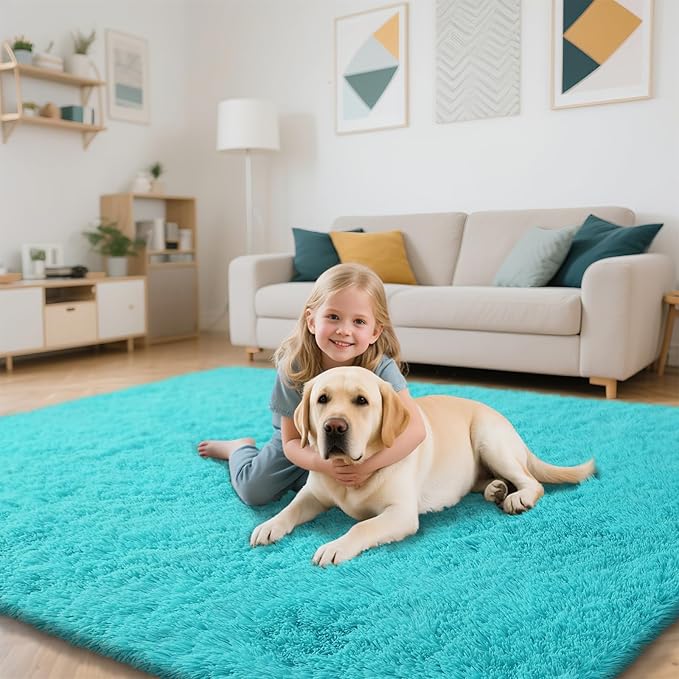 Teal Blue Rug Fluffy Rug, 6x9 Teal Area Rugs for Living Room, Soft Cute Baby Play Mat, Teal Rugs for Bedroom, Nursery, Preppy Dorm, Plush Aesthetic