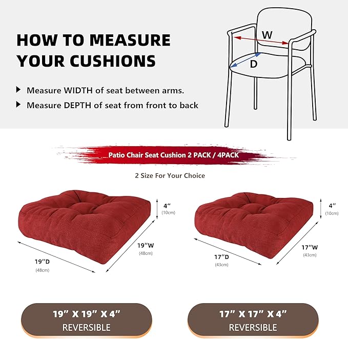 RACE LEAF 17" x 17" Patio Chair Cushions Red - Outdoor/Indoor Tufted Memory Foam Chair Pads Set of 2, Water-Resistant Olefin Chair Seat Cushion Non-Slip Backing