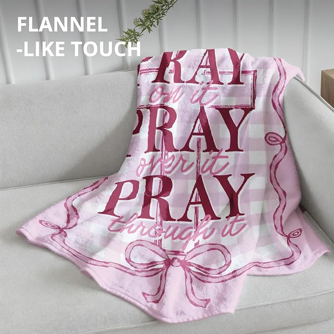 Pink Christian Blanket, Coquette Pink Bow Bible Verse Throw Blankets for Girly Room Bedroom Dorm Couch Bed Decor, Preppy Religious Scripture Blanket, Christian Gifts for Women, 50x60 Inch