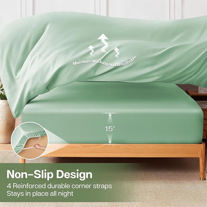 MR&HM Twin XL Fitted Sheet Only, Ultra-Soft Rayon Derived from Bamboo & Polyester Blend, Silky & Breathable, 15" Deep Pocket with Elastic Straps, Cooling Fitted Sheet for Hot Sleepers, Sage Green