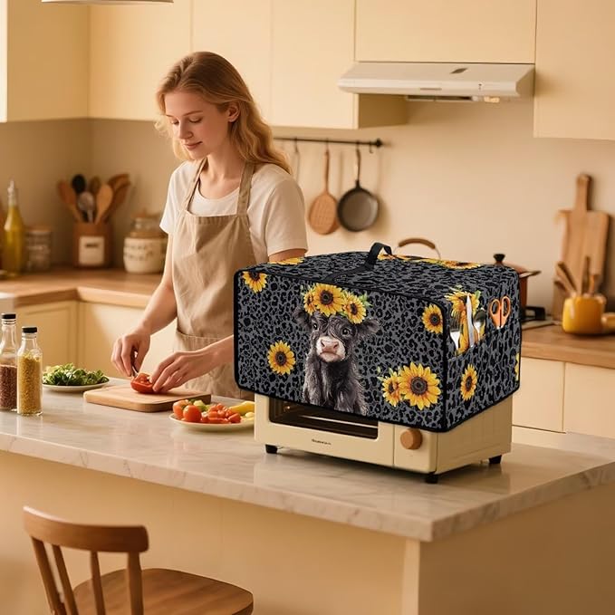 Air Fryer Toaster Oven Dust Cover with Storage Pockets, Stain-resistant Countertop Convection Oven Cover Kitchen Appliance Decor, L, Highland Cow Sunflower Dark Gray
