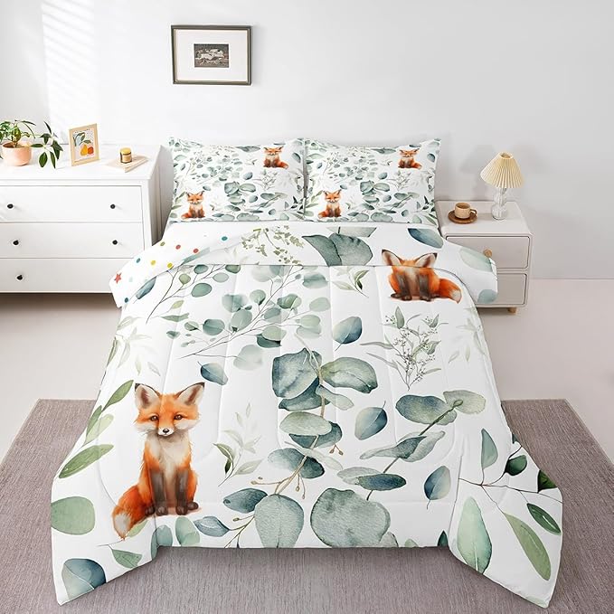 Erosebridal Girls Cartoon Animal Twin Comforter Set for Kids Toddler Kawaii Fox Bedding Set Twin, Woodland Wildlife Bedding Comforter Sets Jungle Wild Fox Duvet Set, Green Eucalyptus Quilted Comforter
