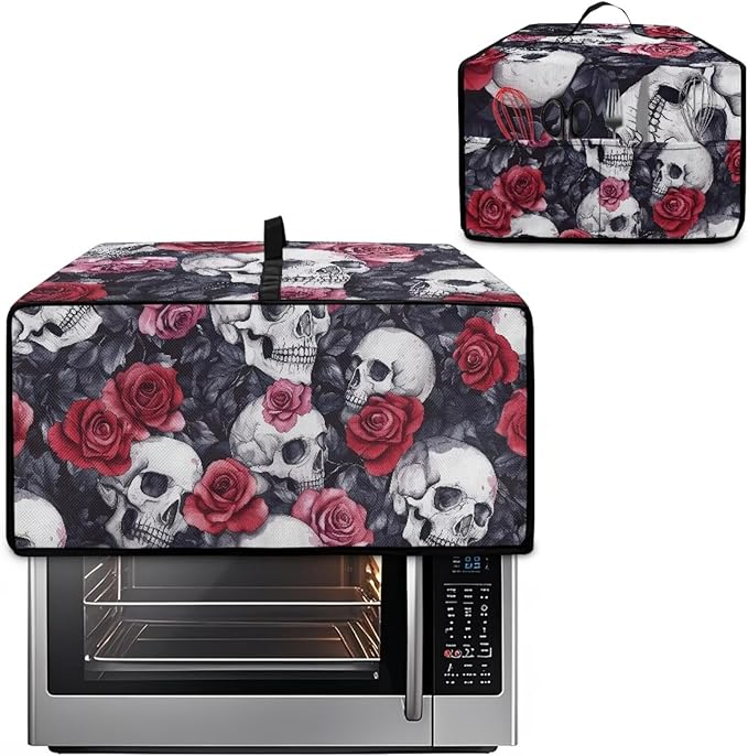 Skull Red Rose Print Microwave Oven Dust Cover Toaster Oven Cover with Top Handle Dust-Proof Kitchen Appliance Protector Dirt and Fingerprint Protection, S