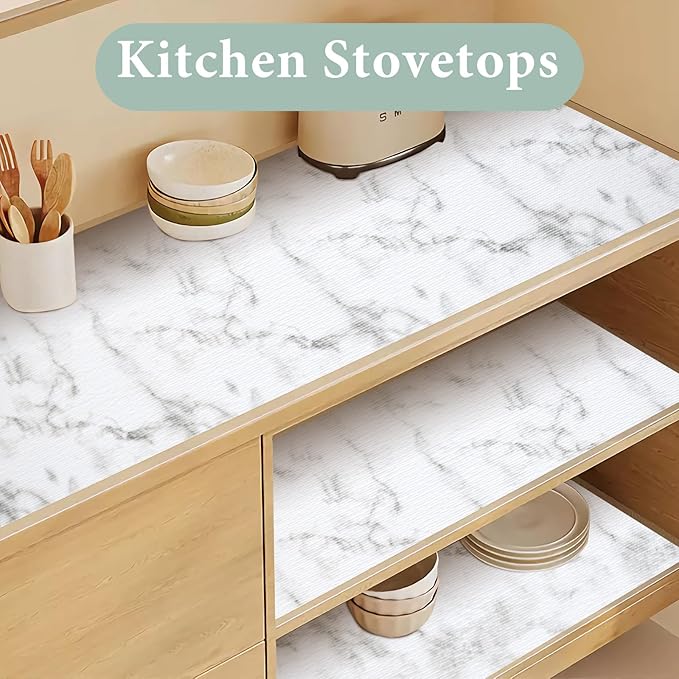 2-Layer Drawer and Shelf Liner for Kitchen Cabinet: 12 in X 20 Ft Non Slip Waterproof Shelf Paper Non Adhesive Refrigerator Liners White Marble Easy Liners for Bathroom with Knife Tape Measure