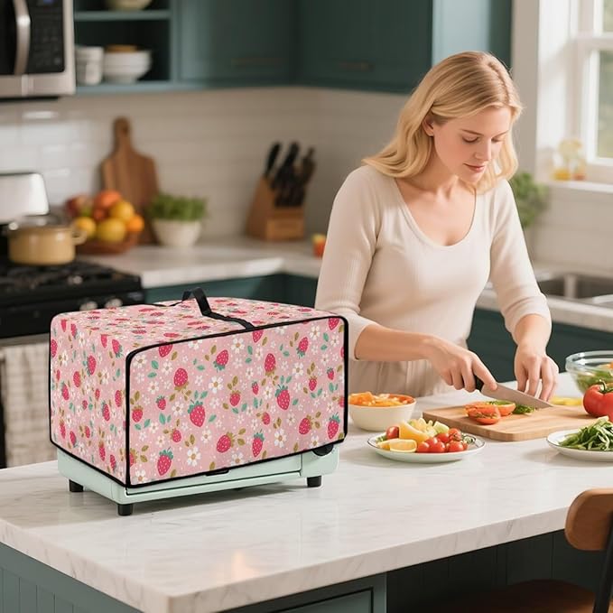 Pink Strawberry Cherry Blossom Print Microwave Oven Dust Cover Toaster Oven Cover Foldable Polyester-Linen Fabric Small Appliance Dust Covers Suitable for Most Microwave Ovens, M