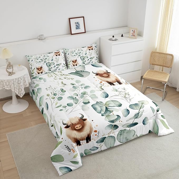 Erosebridal Boys Cartoon Animal Bedding Toddler Size for Kids Kawaii Cow Comforter Set, Highland Cattle Bull Duvet Insert Western Cowboy Quilt Comforter, Green Eucalyptus Bedding Comforters & Sets
