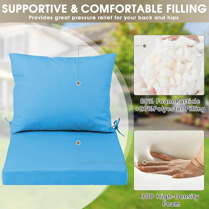 Outdoor Seat Cushion Set 24 x 24 In, Water-Resistant & Fade-Resistan, Patio Furniture Cushions with Removable Cover Deep Seat & Back Cushion with Handle and Adjustable Straps for Chair Sofa,2PC