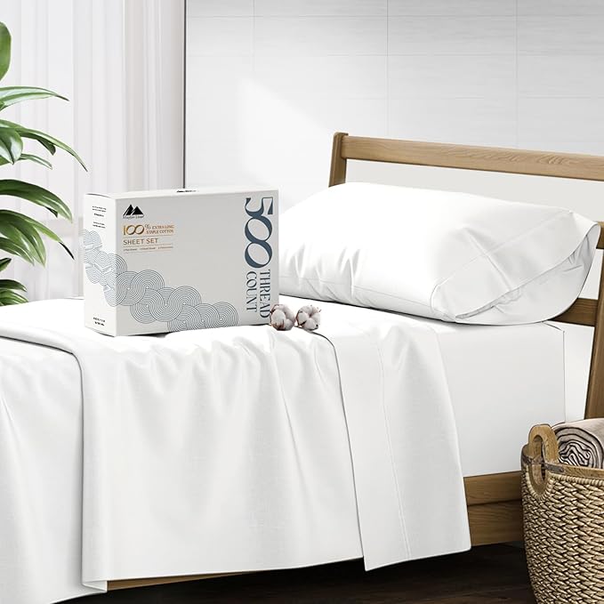Mayfair Linen 100% Cotton Sheets Twin XL Size Bed Set - 500 Thread Count Sheets Twin XL Size 3 PC Set (White), Soft, Cooling, Hotel-Quality 16" Deep Pocket Cotton Bedsheet for Hot Sleepers