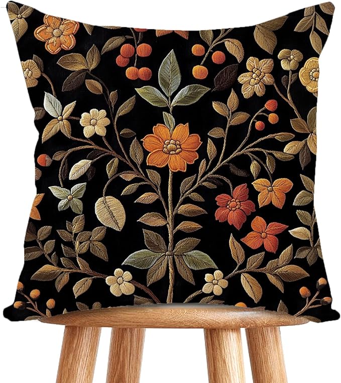 William Morris Abstract Vintage Print Floral Velvet Design Throw Pillow Covers Home Decor, Retro Art Deco Pillowcase Cushion Cover for Bed Sofa Living Room, Square 18x18inch (Black-Floral)