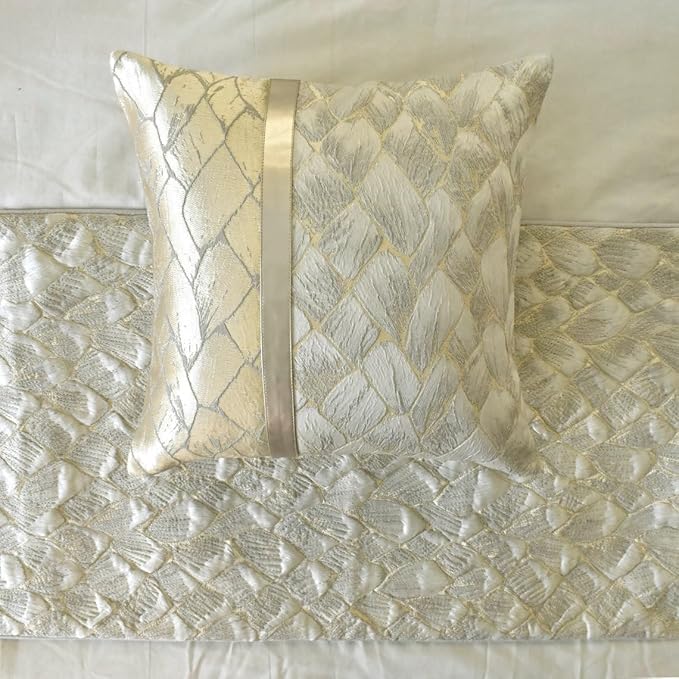 The HomeCentric King/Queen/Twin Ivory & Gold Designer King 90"x18" Bed Runner with Pillow Cover, Patchwork, Quilted, Jacquard Foil Bed Scarf on Jacquard Fabric - Spinzar