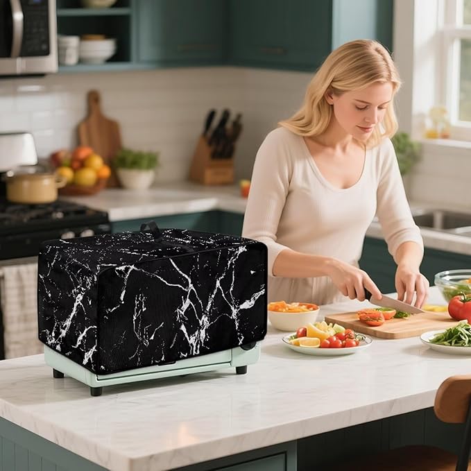 Air Fryer Toaster Oven Dust Cover Protective Microwave Oven Cover with Pockets, Dust-proof Countertop Appliance Protector, L, 18.5 x 22.5 x 13 Inches, Black Marble White Crack