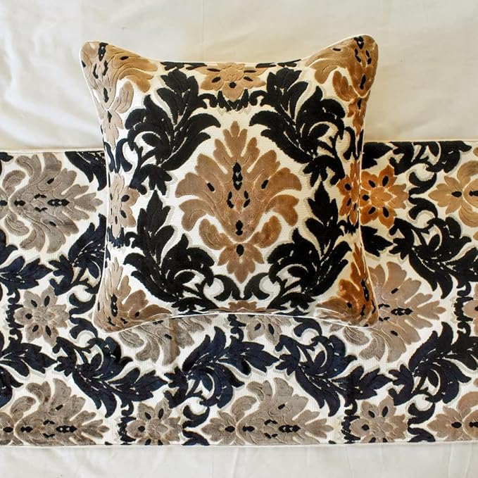 The HomeCentric King/Queen/Twin Brown Decorative King 90"x18" Bed Runner Without Pillow Cover, Damask Bed Scarf on Velvet Fabric - Victoria