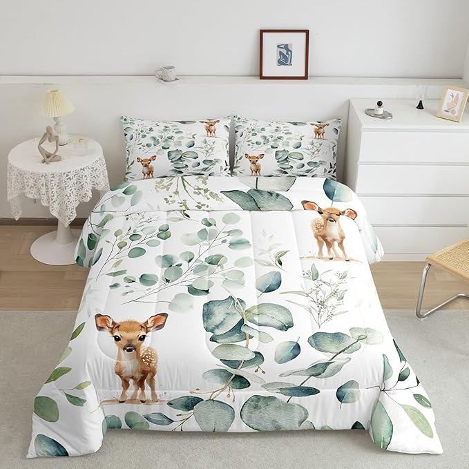 Erosebridal Cartoon Deer Toddler Size Comforter Set Toddler Woodland Wildlife Bedding Set, Spring Plant Down Comforter Eucalyptus Leaf Bed Set, Jungle Animal Theme Quilted Duvet Kids Room Decor