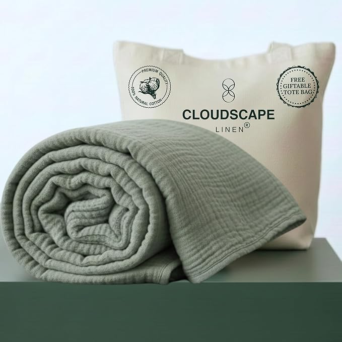 Cloud Scape Linen Oversized 4 Layer Muslin Blanket Twin Size - 100% Cotton, Lightweight & Breathable All Season Gauze, Pre-Washed, for Bed, Couch, fits Twin XL Bed,68x92, Sage Green