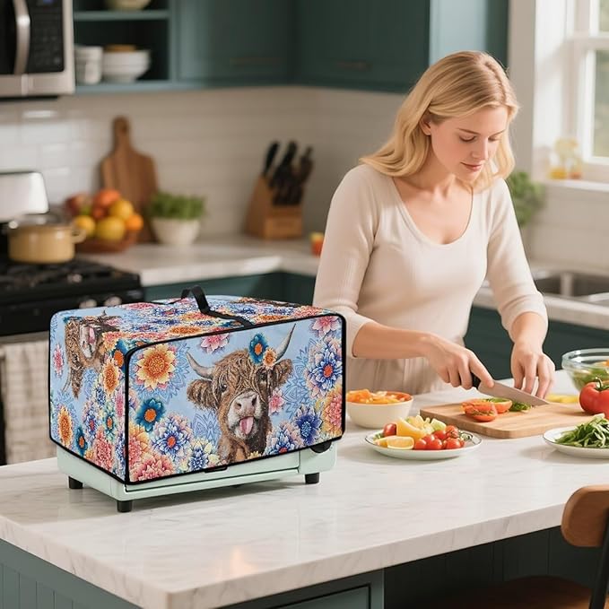 Microwave Oven Cover Heavy Duty Microwave Oven Dust Cover with Storage Pockets Dust-Proof Reusable Decor Accessories for Kitchen, Highland Cattle Boho Mandala Floral Print, L