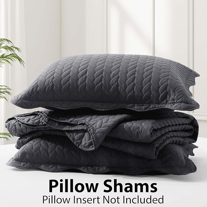 IR Imperial Rooms King Quilt Bedding Set Size (106" x 96") + 2 Pillow Shams (20" x 36"+ 2") - 3 Pcs All Season Lightweight Reversible Microfiber Coverlet Embossed Quilt Bedspread (Charcoal)