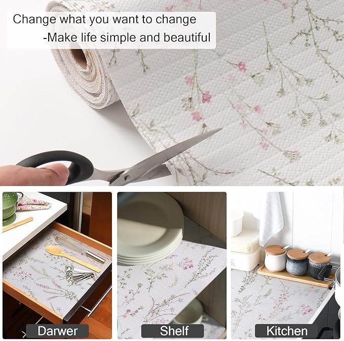 Floral Drawer and Shelf Liner for Cabinets 16IN x 20FT, Non-Adhesive and Strong Non-Slip Flower Shelf Cabinet Drawer Liners for Kitchen,Table,Bookshelves,Waterproof Cupboard Liner